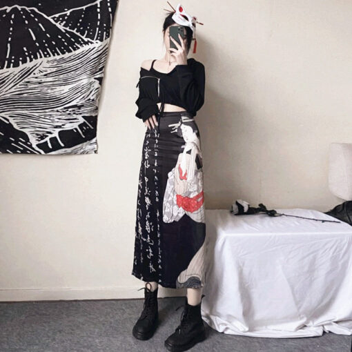 Black Satin Midi Skirt Harajuku Characters Geisha - Harajuku