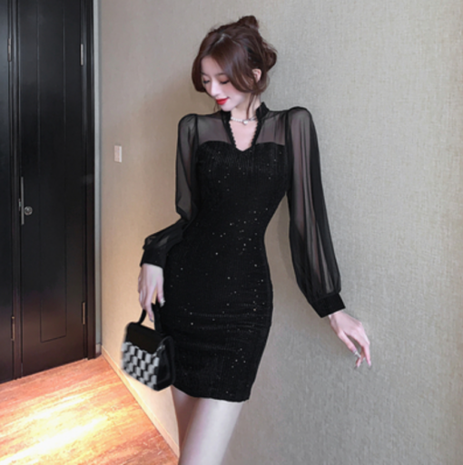 Black Sequin Evening Dress Sheer Sleeves