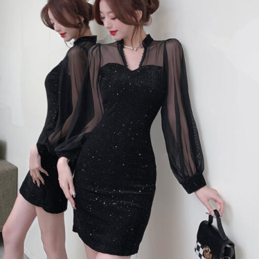 Black Sequin Evening Dress Sheer Sleeves