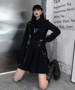 Black Shirt Black Skirt Tie Belt Gothic Set - Harajuku