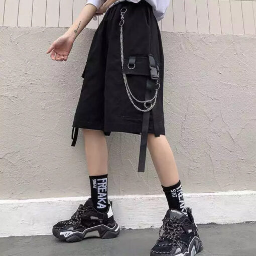 Black Shorts Ulzzang Harajuku Style Metal Chains - Harajuku