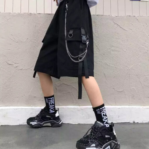 Black Shorts Ulzzang Harajuku Style Metal Chains - Harajuku