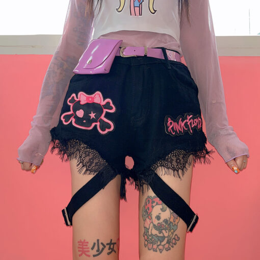 Black Shorts With Buckles Punk Gothic Pink Print - Harajuku