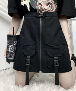 Black Skirt With Zipper Sling Pockets With Buckles