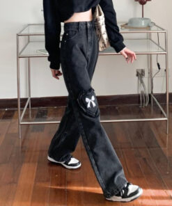 Black Straight Jeans Patch Heart Knee with Bow - Harajuku