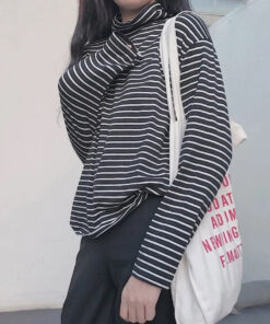 Black Striped Sweater Blouse Turtleneck - Harajuku