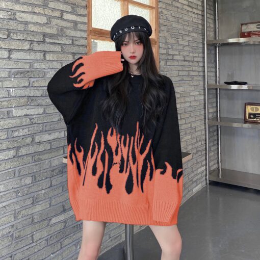 Black Sweater Orange Flame Print - Harajuku