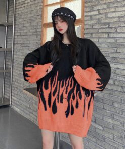 Black Sweater Orange Flame Print - Harajuku