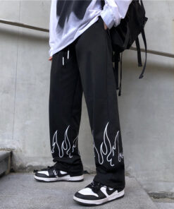Black Sweatpants Flame Print Bottom - Harajuku