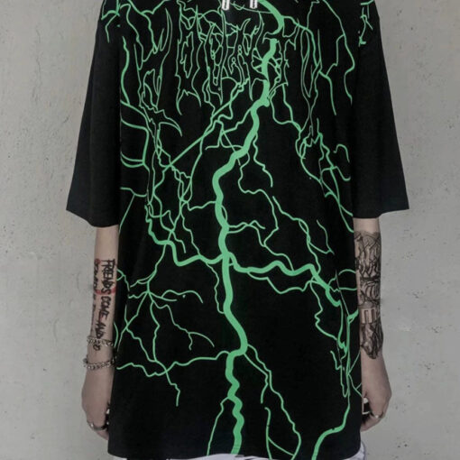 Black T-Shirt Green Lightning - Harajuku