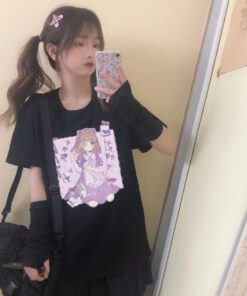 Black T-shirt Aesthetic Purple Kawaii Girl - Harajuku