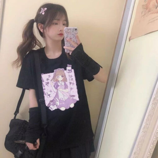 Black T-shirt Aesthetic Purple Kawaii Girl - Harajuku