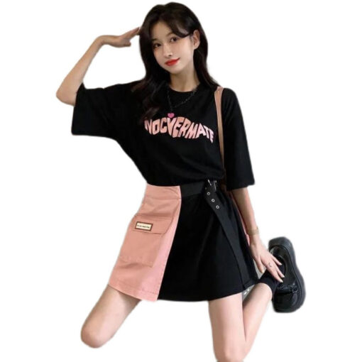 Black T-shirt Plus Sweet Imitation Skirt With Belt