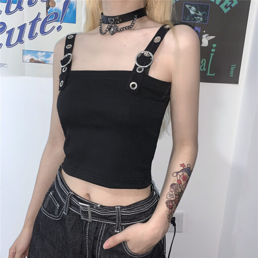 Black Tank Top Strappy With Round Buckle - Harajuku