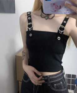 Black Tank Top Strappy With Round Buckle - Harajuku
