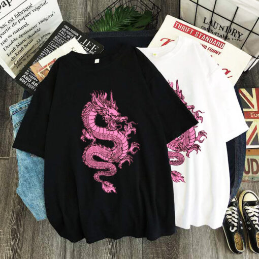 Black Unisex T-shirt Pink Dragon Print