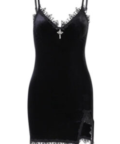 Black Velvet Bodycon Mini Dress With Spaghetti Straps