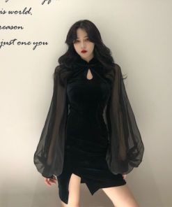Black Velvet Dress Sheer Chiffon Lantern Sleeves