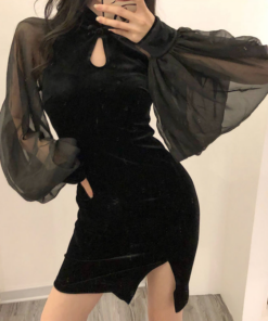 Black Velvet Dress Sheer Chiffon Lantern Sleeves