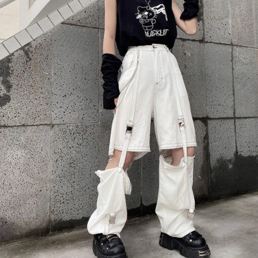 Black White Cargo Pants Two Piece Buckle - Harajuku