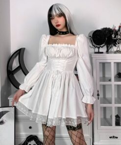 Black White Lace Up Mini Dress Puffy Skirt - Harajuku