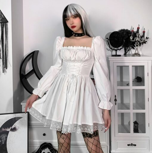 Black White Lace Up Mini Dress Puffy Skirt - Harajuku