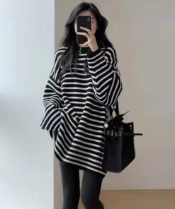 Black White Striped Long Loose Oversized Sweater