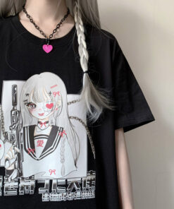 Black White T-shirt Yami Kawaii Print Toy Gun - Harajuku