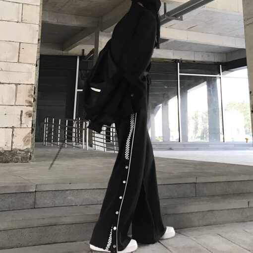 Black Wide Leg Pants Side Stripe Checkered - Harajuku