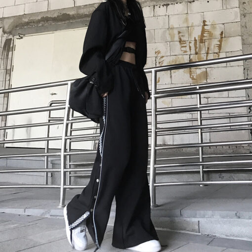 Black Wide Leg Pants Side Stripe Checkered - Harajuku