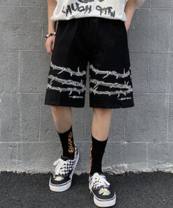 Black Wire Print Punk Shorts - Harajuku