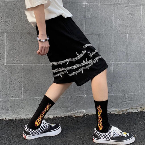 Black Wire Print Punk Shorts - Harajuku