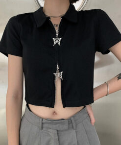 Black Zipped Crop Top With Metal Butterfly - Harajuku
