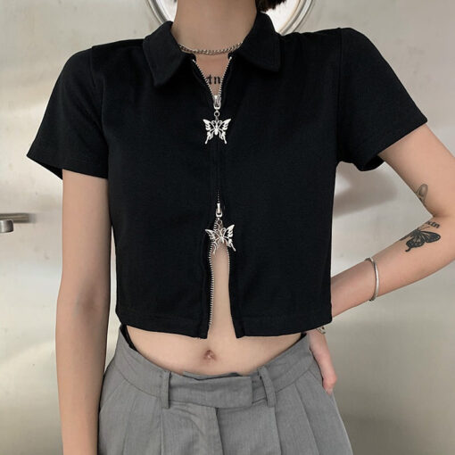 Black Zipped Crop Top With Metal Butterfly - Harajuku