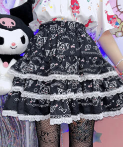 Black and White Fluffy Double Layer Skirt Cake Print Kuromi