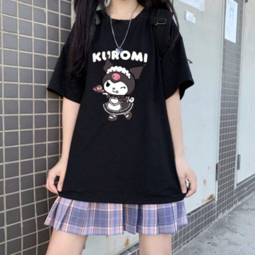 Black and White T-shirt Print Kuromi Tea Party - Harajuku