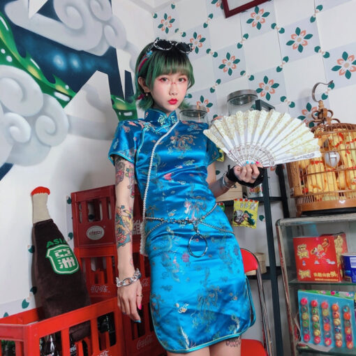 Blue Silk Japanese Dress Harajuku Short Kimono - Harajuku