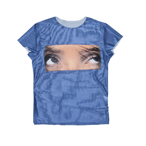 Blue Tshirt Polyester Print Eyes Translucent Mesh