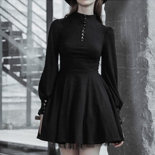 Bodycon Black Mini Dress Stand Collar Cuff Puff Skirt