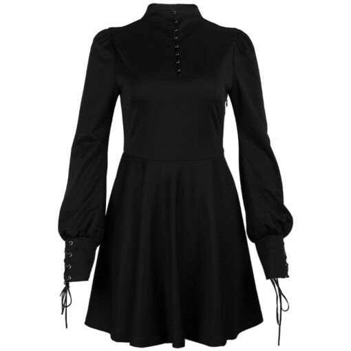 Bodycon Black Mini Dress Stand Collar Cuff Puff Skirt