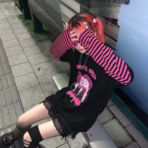 Bright Black Tshirt Punk Long Striped Sleeve - Harajuku