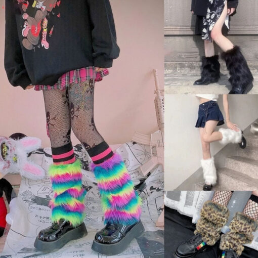 Bright Pink Rainbow Leg Harajuku Warmers Fluffy Kawaii Socks - Harajuku