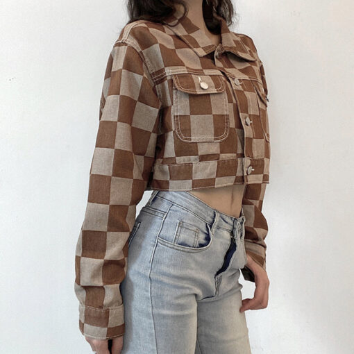 Brown Plaid Denim Jacket Checkered Contrast Cropped Jacket - Harajuku