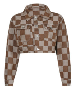 Brown Plaid Denim Jacket Checkered Contrast Cropped Jacket - Harajuku