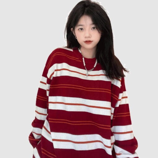 Burgundy White Striped Sweater Japanese Retro Autumn Winter