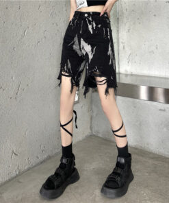 Camouflage Punk Black Denim Shorts Ripped Edges New World - Harajuku