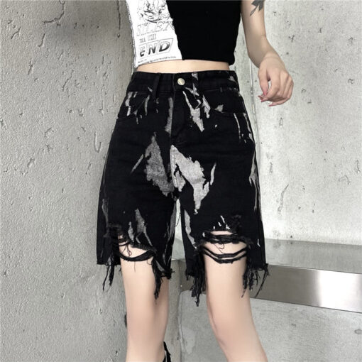 Camouflage Punk Black Denim Shorts Ripped Edges New World - Harajuku