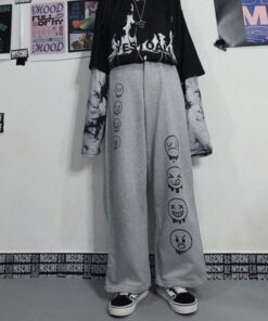 Casual Wide Leg Pants Black White Side Print - Harajuku