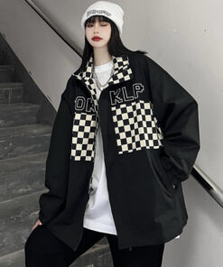 Checkered Black Checkered Zip Jacket - Harajuku