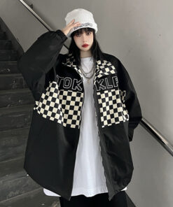 Checkered Black Checkered Zip Jacket - Harajuku
